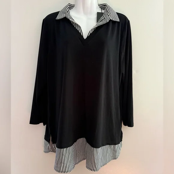 Adrianna Papell Black White Layered V-Neck Tunic with Striped Collar XL - Picture 2 of 13